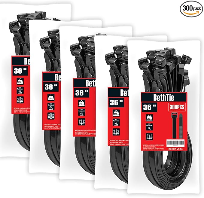 BethTie Black 36inch Zip Ties Heavy Duty 300 PCS, 250 LBS Ultra Strong Plastic Wire Ties, Large Cable Ties Extra Long Tie Wraps, Indoor and Outdoor UV Resistant