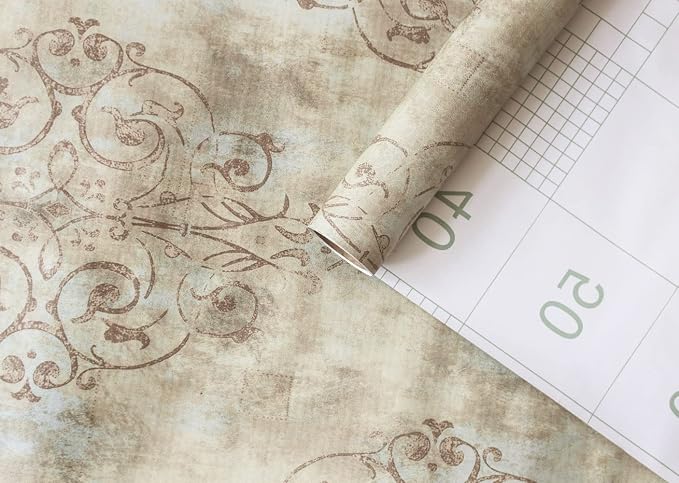 HAOKHOME Vintage French Damask Peel and Stick Wallpaper Deep Yellow/Mist Blue/Brown Vinyl Self Adhesive Wall Paper Design for Walls Bathroom Bedroom Home Decor 17.7in x 9.8ft