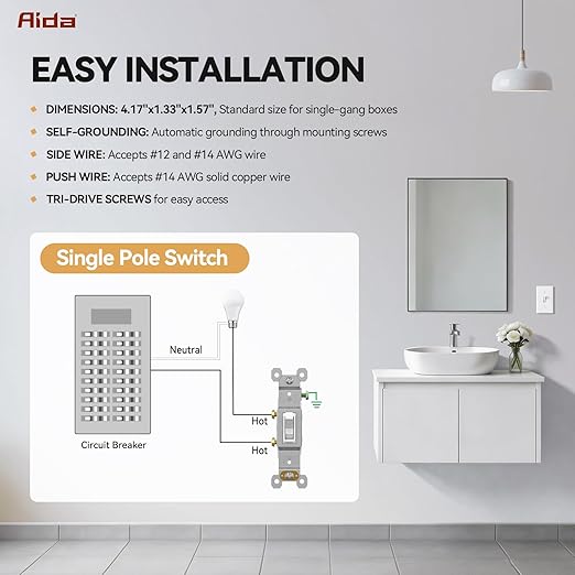 AIDA 15 Amp Single Pole Quiet Indoor Toggle Switch Self-Grounding ON Off, Residential Grade, UL Listed, Quickwire Push-in & Side Wired (White, 10 Pack)