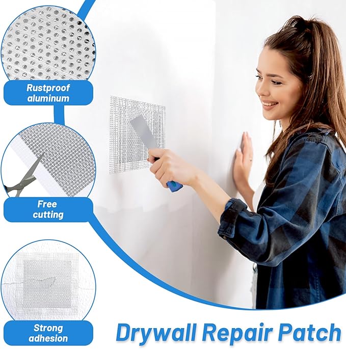 12 PCS 4/6/8 Inch Wall Repair Patch Kit, Aluminum Mesh Dry Wall Hole Repair Patch with Scraper Sandpapers Gloves Heavy Duty Wall Repair for Large Holes Quick Fixes