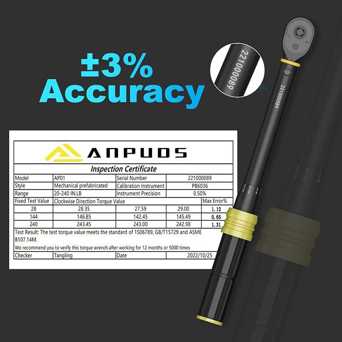 1/4 Inch Click Torque Wrench, 20-240 in.lb/2.3-27.1 Nm, Lightweight | Inch Pound, Small Mini Bike Tool, ±3% Accuracy, 72-Tooth Dual Direction, Dual Range for Carbon Fiber Bicycle, MTB Maintenance