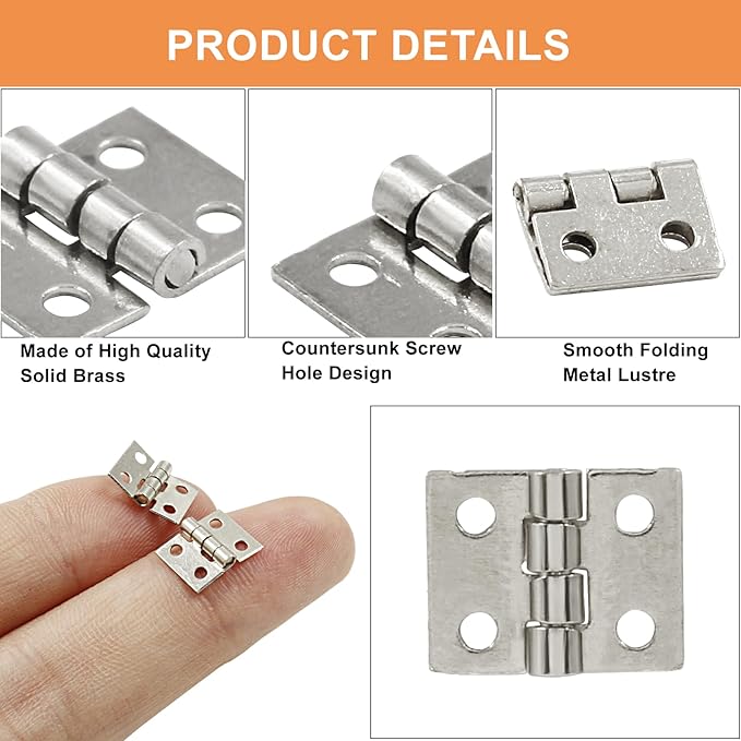 50Pcs Small Hinges,Pure Copper Butt Hinge,0.31"x0.39",Silver Tone Tiny for Cabinet Jewelry Wooden Box,Doll House DIY Hinges with Mounting Screws