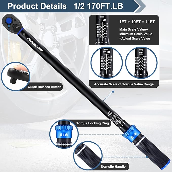Torque wrench Set 1/2 drive,1/2 Torque Wrenches 10-170 FT.LB/13.6-230.5 Nm,±3% Precision Wrench with 1/2'' to 3/8'' Socket Adapter, 5 Inch Extension Bar for Car and Moto Maintenance