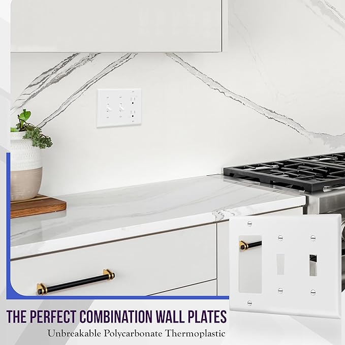 ENERLITES Combination Double Toggle/Single Decorator Rocker Outlet Wall Plate, Standard Size 3-Gang Light Switch Cover(4.5" x 6.38"), Polycarbonate Thermoplastic, UL Listed,881231-W-2PCS, White