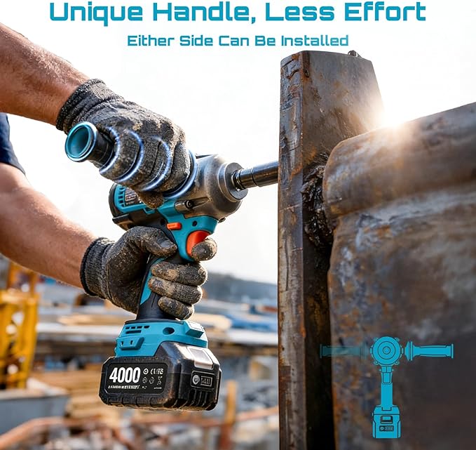 Seesii Upgraded Cordless Impact Wrench 885Ft-lbs (1200N·m): 1/2" Impact Gun with Detachable Side Handle, 21V High Torque Power Impact Driver 2x 4.0Ah Batteries for Family Car/Pickup Truck/Mower