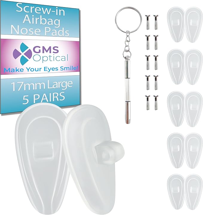 GMS Optical Comfort Line - 8mm/17mm Large Length - Air Bag Screw-in Soft Silicone Nose Pads for Glasses, Sunglasses, Glasses Repair Kit with Screws, Keep Glasses from Sliding (5 Pair)