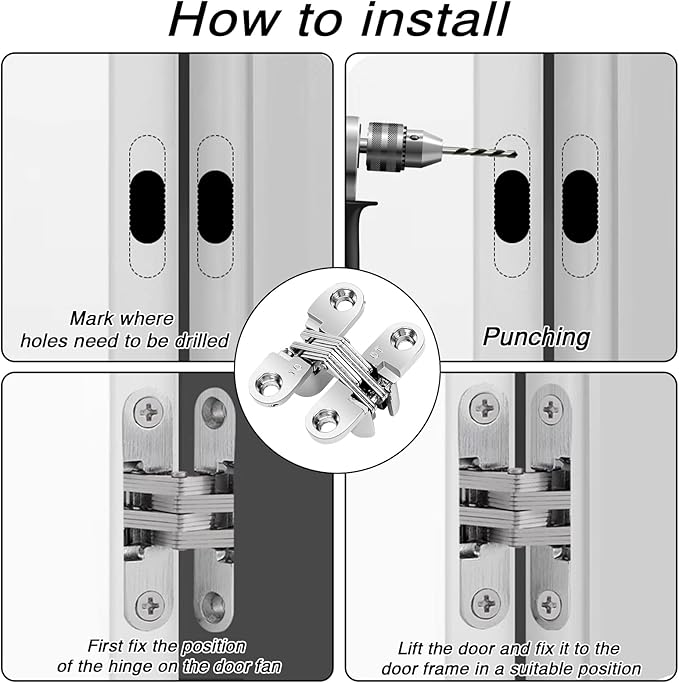 4 Pack Stainless Steel 180 Degree Hidden Hinges for Doors & Cabinets - Invisible Cross & Swing Hinges
