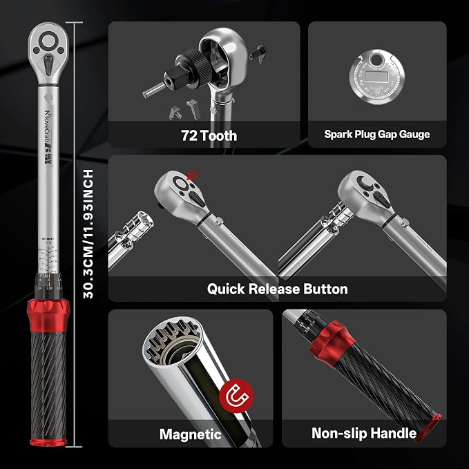 16pcs 3/8" Click Torque Wrench Spark Plug Socket Set, 5-45 Ft.lb | Dual Range Mechanical Torque Wrench with Magnetic Spark Plug Sockets, Extension Bars & Gap Gauge for Auto & Motorcycle Repair