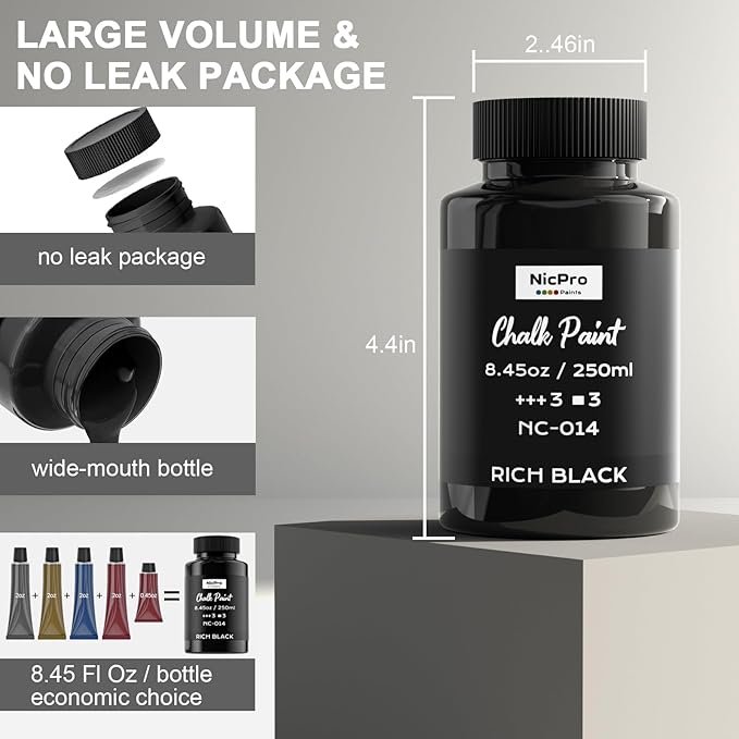 Nicpro All-in-One Black Chalk Paint for Furniture, 8.45 oz (250ml) Matte Finish Chalk Paint, Built-In Primer & Top Coat Milk Paint, Non-Toxic Furniture Paint for Wood, Metal, Home Decor