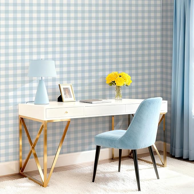 Plaid Wallpaper Peel and Stick, Blue, 17.7"x78.7" | Self Adhesive, Vinyl, Removable, Boho Contact Paper, Checkered Wall Paper for Bedroom, Living Room, Bathroom