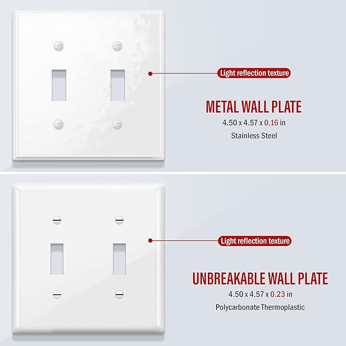 ENERLITES Double Toggle Light Switch Metal Cover Plate, Wall Plate, Corrosion Resistant, Standard Size 2-Gang 4.50" x 4.57", Powder Coated Stamped Steel, 7712-WG, White Gloss (Pack of 1)
