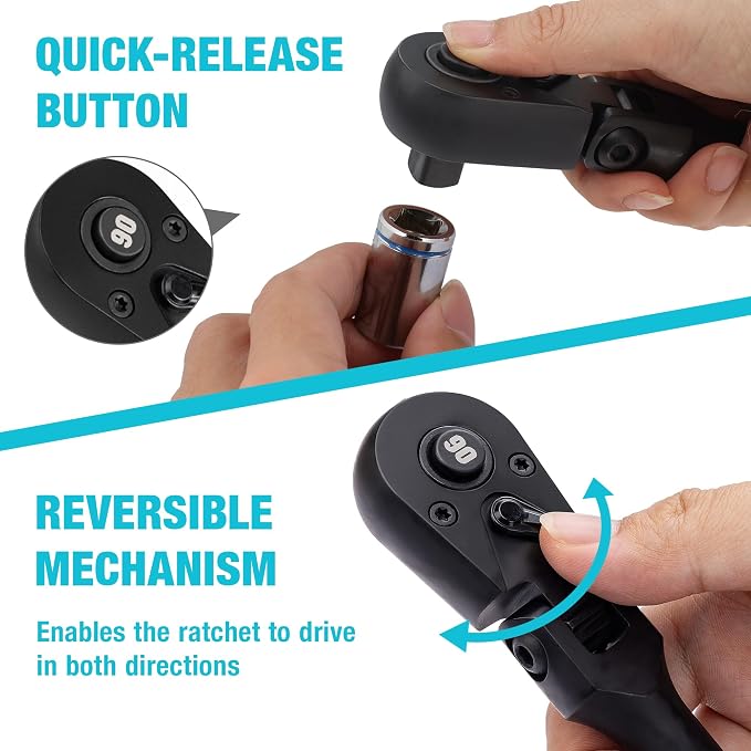 DURATECH 1/2-Inch Flex-Head Ratchet, 90-Tooth Quick-Release Ratchet Wrench | Socket Wrench with 180° Pivoting Head and 7-Position Setting, Reversible, CR-V Made, CR-MO Head, Black Mn Phosphate Finish