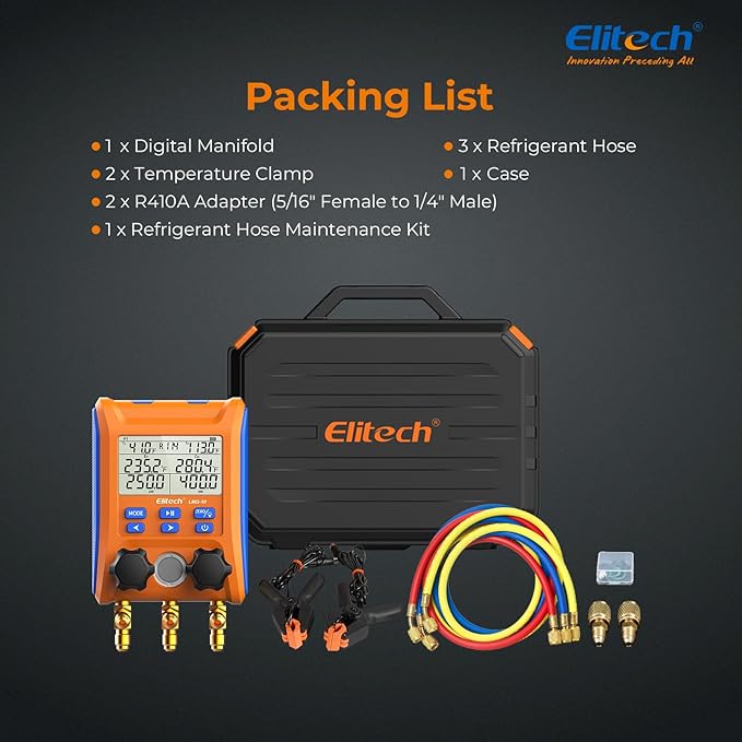 Elitech LMG-10Plus 2-Way Digital Manifold, HVAC Refrigerant Pressure Gauge for Superheat/Subcooling, with Temp Clamps and R410A Adapter, Supports 88 Refrigerants