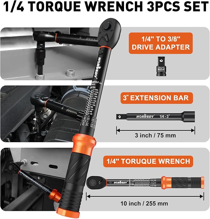 HORUSDY 1/4" Torque Wrench 4PCS Set, 20-240 in-lb Click Torque Wrench with 3" Extension Bar & 1/4" to 3/8" Adapter, Cr-V Inch Pound Torque Wrenches for Bike, Motorcycle & Small Engine Repair
