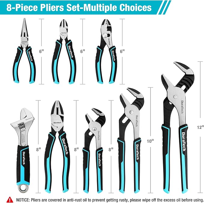 DURATECH 8-Piece Pliers Set with Rolling Pouch, Cr-V/Cr-Ni Construction | 3 Groove Joint Pliers (12", 10", 8"); 8" Adjustable Wrench; Linesman, Long Nose & Slip Joint Pliers; 6" Diagonal Pliers