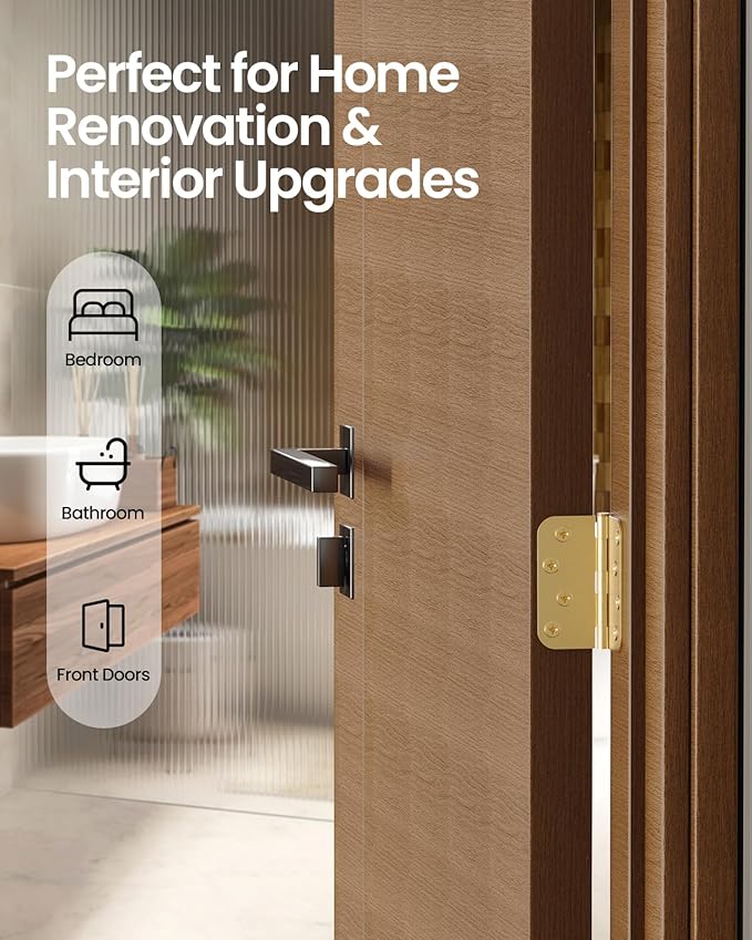 4" X 4" Satin Brass Door Hinges – 3Pack Satin Gold Brushed Brass Door Hinges with 5/8" Radius, Rounded Interior & Heavy Duty Front Door Hinge for Home, Gate, Furniture, Residential Use