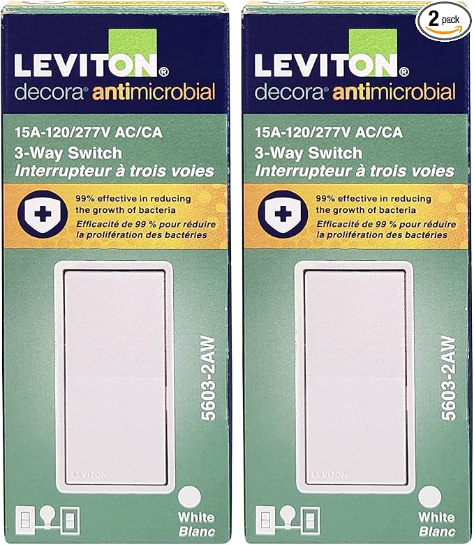 Leviton Antimicrobial 15 Amp 120/277V Decora Rocker 3-Way AC Quiet Switch, 5603-2AW, White (Pack of 2)