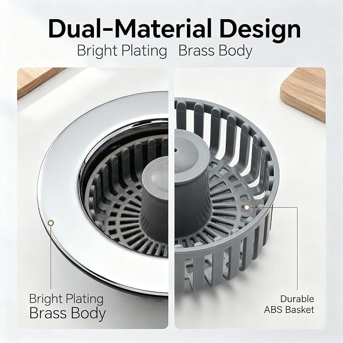 Kitchen Sink Stopper, 3 in 1 Pop Up Kitchen Sink Drain Strainer, with an Extra Basket Strainer, Sink Drain Stopper for US Standard 3-1/2 Inch, Brass Material Electroplate (Silver 2pcs)