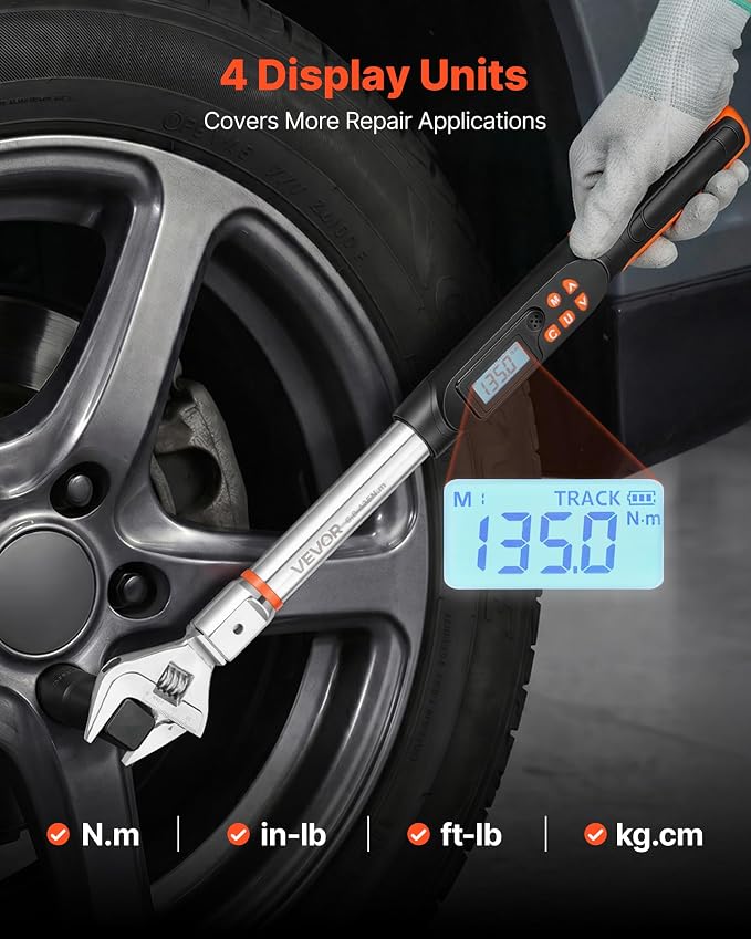 VEVOR Torque Wrench 0-1.5 in Adjustable Jaw Opening Digital Torque Wrench, Open-End Jaw, 4 Display Units, ±2% Accuracy, LCD Screen, with Buzzer and LED Indicator, for Pipe and Automotive Repair