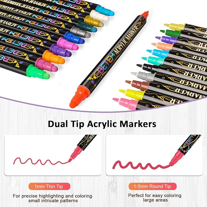 Betem 72 Colors Dual Tip Acrylic Paint Markers, Fabric Decorating Kits Premium Water-Based Acrylic Paint Pens Art Supplies for Fabric, Rock, Wood, Glass, Canvas, Ceramic, Teacher Appreciation Gift