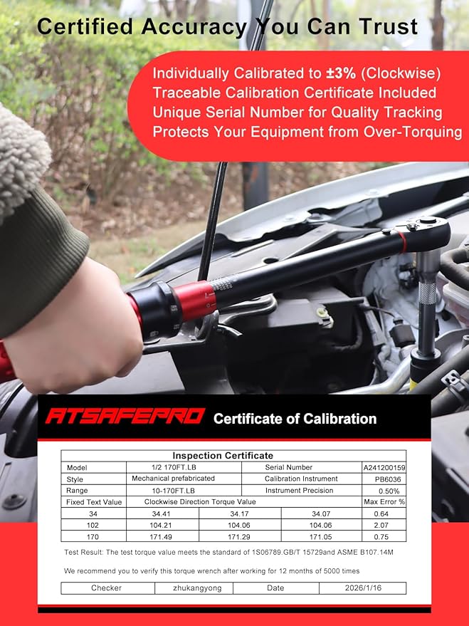 1/2 Inch Drive Click Torque Wrench, 10-170 ft.lb/13.60-230.5Nm, ±3% High Precision, Dual-Direction Adjustable 72 Tooth Click Torque Wrench 1/2 Drive for Motorcycle, Car Lug Nut Maintenance