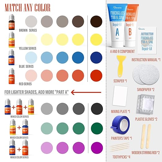 Fiberglass Tub Repair Kit(Color Match), Fiberglass Shower and Acrylic Bathtub Repair Kit for Scratches, Cracks, Chips, Holes on Porcelain, Enamel, Tubs, Tile, Sink, Fix Chipped Almond Bath Tub