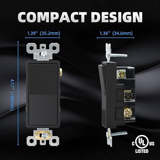 ELEGRP 4 Way Decorative Light Switch, 15Amp, 120-277 Volt, AC Decorator Rocker Paddle Wall Switch Replacement, Self-Grounding, Residential and Commercial Grade, UL Listed (10 Pack, Glossy Black)