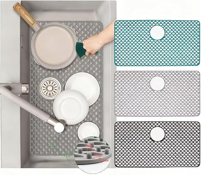Kitchen Sink Mat 28.3 x 15.2in Silicone Sink Mat Non Slip Sink Protector for Farmhouse Kitchen Grey A