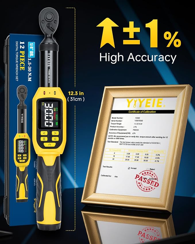 Digital Torque Wrench 1/4" Drive, 1.1-22.1 Ft-lb/1.5-30 N.m (±1% Accuracy) | Color LCD, Buzzer & LED Alert, 12PC Bike Torque Wrench Digital with Sockets & Adapters for MTB, Motorcycle & DIY