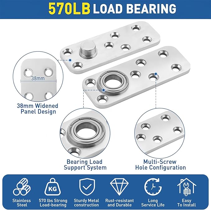 TamBee Heavy Duty Pivot Hinge Hidden Door Hinge - 570 lbs Load, Bearing, Stainless Steel, Rust Resistant, Concealed for Wood Doors, Secret Doors, Hidden Door, Bookcase Door and Bookshelf Door
