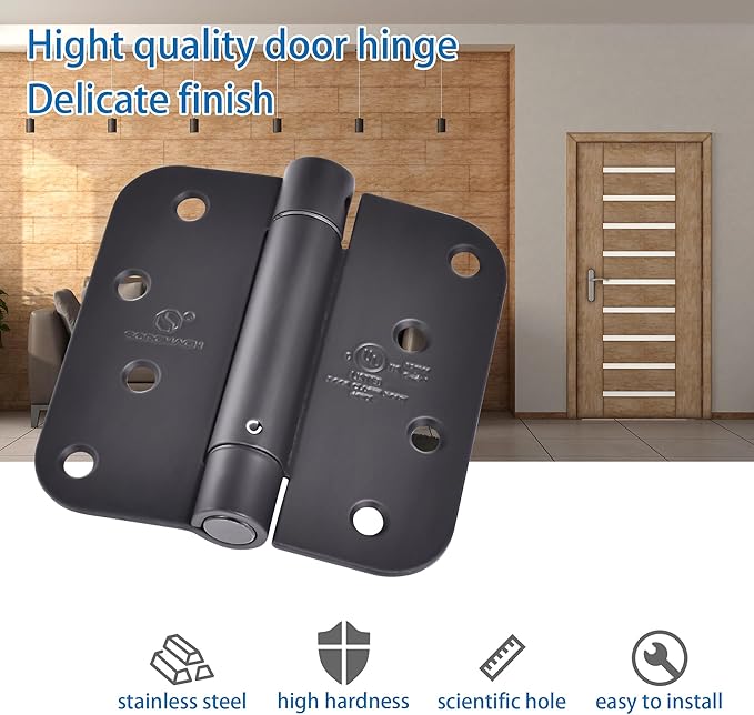 3 Pieces Self Closing Door Hinges 4 inch Matte Black Auto Close Hinge Adjustable 4 x 4 Inch Spring Hinges 5/8" Radius Corner Commercial Door Closer Hinge