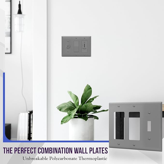 ENERLITES Combination Toggle Light Switch/Decorator Light Switch Plate, Three Gang Wall Plate, Standard Size 3-Gang 4.50" x 6.38", Polycarbonate Thermoplastic, 881132-GY, Gray