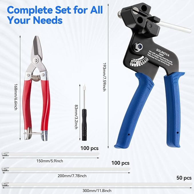 Stainless Steel Cable Tie Gun Metal Zip Ties Heavy Duty Outdoor, 250PCS 304 Metal Zip Cutter Adjustable Fastening Cutting Tie Tool Sets for Vehicles Exhaust Wrap Wire Fence Chicken Coop