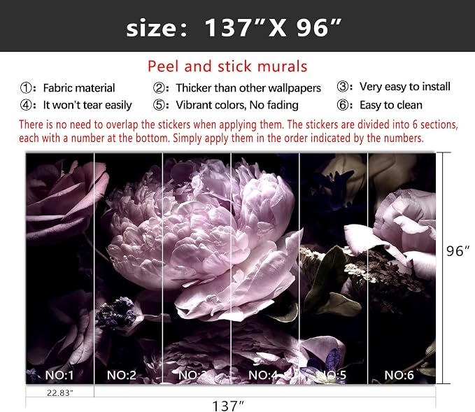 YIHWM-Peel and Stick Purple Flowers Wallpaper Dark Peony Floral Wall Mural | Tear-resistant,with a substantial feel;Will not be damaged during repositioning.Bathroom,Bedroom wallpaper.L-137"x96"
