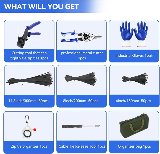 Metal Zip Ties Cutter Stainless Steel Cable Tie Gun Kit Assortment With 150pcs Black Stainless Steel Zip Ties Heavy Duty Outdoor For Chain Link Fence Parts Exhaust Wrap