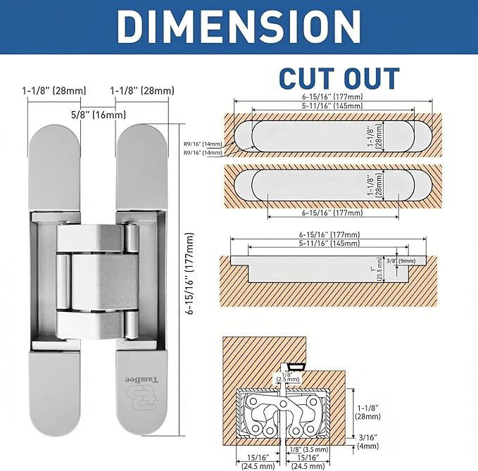 TamBee Invisible Hinges Hidden Door Hinges Concealed Door Hinges, Outswing Hidden Door Hinge 3 Way Adjustable Butt Hinge 7inch 2PCs
