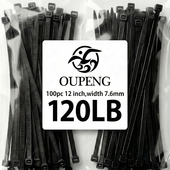 Zip Ties 12 inch ，Heavy Duty Cable Ties with 120 Pounds Tensile Strength，Black Zip Ties，100 Pack, Wire Ties for Indoor and Outdoor Use.