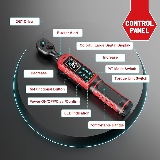 3/8" Digital Torque Wrench (0.66-44.29Ft.Lb/0.9-60N.m) | ±1% Accuracy with Vibration/Buzzer/LED Alerts, 9 Presets & 5 Units, for Moto Engine/Brake, Car Spark Plug & Oil Drain Repair