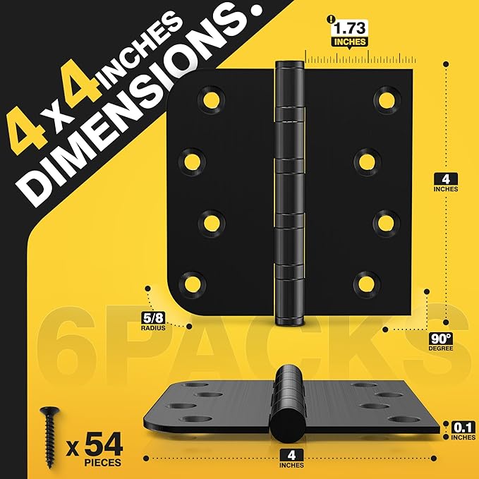 KOLET Ball Bearing Door Hinges, 4 x 4 Inches Black Door Hinges, Heavy Duty Stainless Steel Hinges, Square and 5/8'' Radius Corner, Smooth and Quiet, Non Removable Pin, Matte Black, 6 Pack