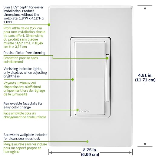 Leviton Decora Smart Dimmer Switch, Wi-Fi, Works with Matter, My Leviton, Alexa, Google Assistant, Apple Home/Siri & Wired or Wire-Free 3-Way, Neutral Wire Required, D36HD-1RW, White
