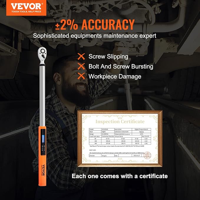 VEVOR Digital Torque Wrench 1/2" Drive(25-250ft.lb/34-340n.m), ±2% Torque Accuracy, 3-Mode Adjustable Electronic Torque Wrench with LED Buzzer Calibration