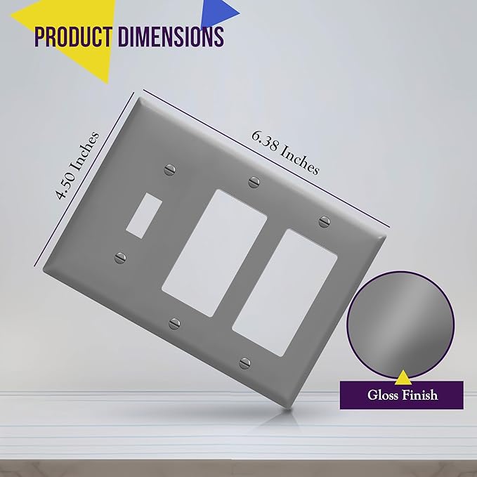 ENERLITES Combination Toggle Light Switch/Decorator Light Switch Plate, Three Gang Wall Plate, Standard Size 3-Gang 4.50" x 6.38", Polycarbonate Thermoplastic, 881132-GY, Gray