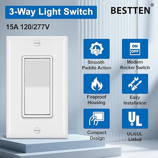 BESTTEN 30 Pack 3-Way Decorator Wall Light Switch with Wallplate, 15A 120V/277V, Single Pole or Three Way, On/Off Rocker Paddle Wall Switch, 3 Wire, Residential and Commercial Grade, UL Listed, White