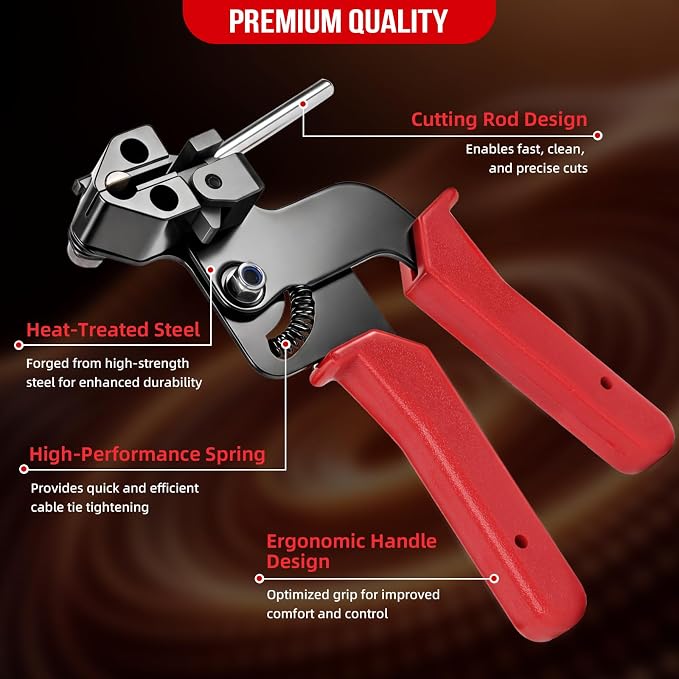 Metal Zip Ties Gun Set, 200Pcs Stainless Steel Cable Ties, Red | Heavy Duty Stainless Steel Cable Tie Gun Kit with 8 inch & 12 Inch Zip Ties for Chain Link Fence, Chicken Coop, Exhaust Pipes