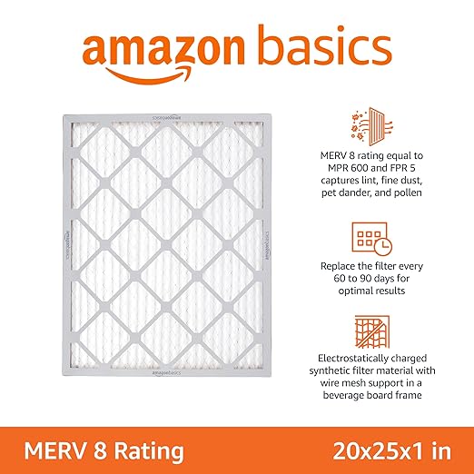 Amazon Basics 20x25x1 Air Filter 6-Pack, MERV 8 AC Furnace Filters, Removes Dust, Electrostatic, Allergy Control (Actual Size: 19.75" x 24.75" x 0.75")