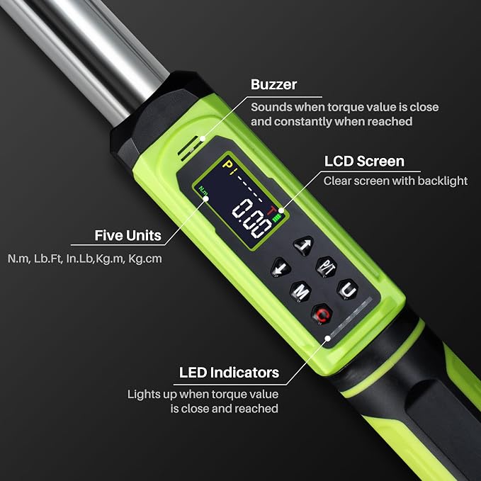 Digital Torque Wrench 1/2" Drive-2.2-147.5Ft.Lb for Car Motorcycle | Electronic Torque Wrench(3-200N.m),Vibration Buzzer LED Indicator,±2% Accuracy 5 Units for Bike Auto Truck Repair DIY