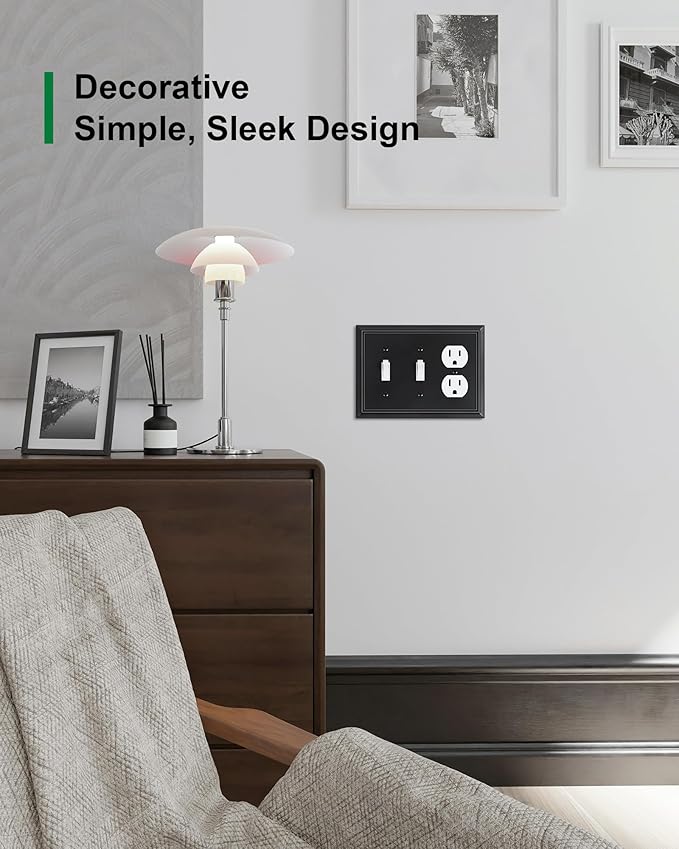 2-Pack Combo Double Toggle/Duplex Outlet Covers, Black Switch Plates and Outlet Covers, Natural Bamboo Fiber Wall Plates for Electrical Outlets, 3 Gang Receptacle Cover, Corrosion Resistant