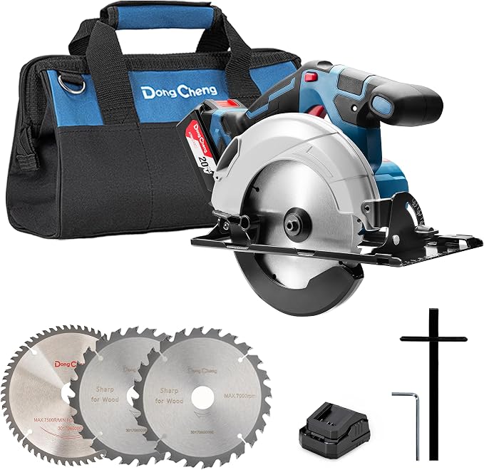 Dong Cheng Cordless Circular Saw 6-1/2-Inch 840W, Cutting Depth 59mm, 0-50° Adjustable with Dust Collection Adaptor, 24T & 40T TCT Blade Included, Battery and Charger Kit (4.0Ah)