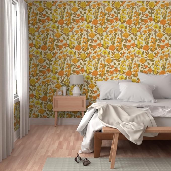 Spoonflower Retro Floral Yellow Peel and Stick Removable Wallpaper | Roll 24" x 144" | Orange Green 1970S Flowers Botanical | Self-adhesive, removable and renter-friendly