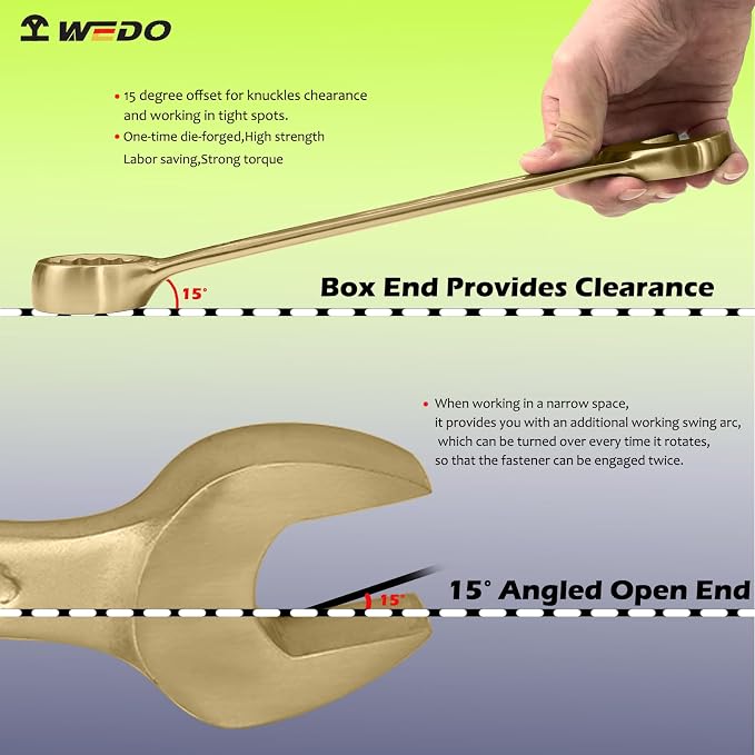 WEDO Non-Sparking Combination Wrench 9mm,Metric,Aluminum Bronze | 12-Point Spark-free Spanner,15 Degree Offset,Corrosion Resistance,DIN3113 Standard,BAM&FM Certificate,For Oil,Chemical,Mining